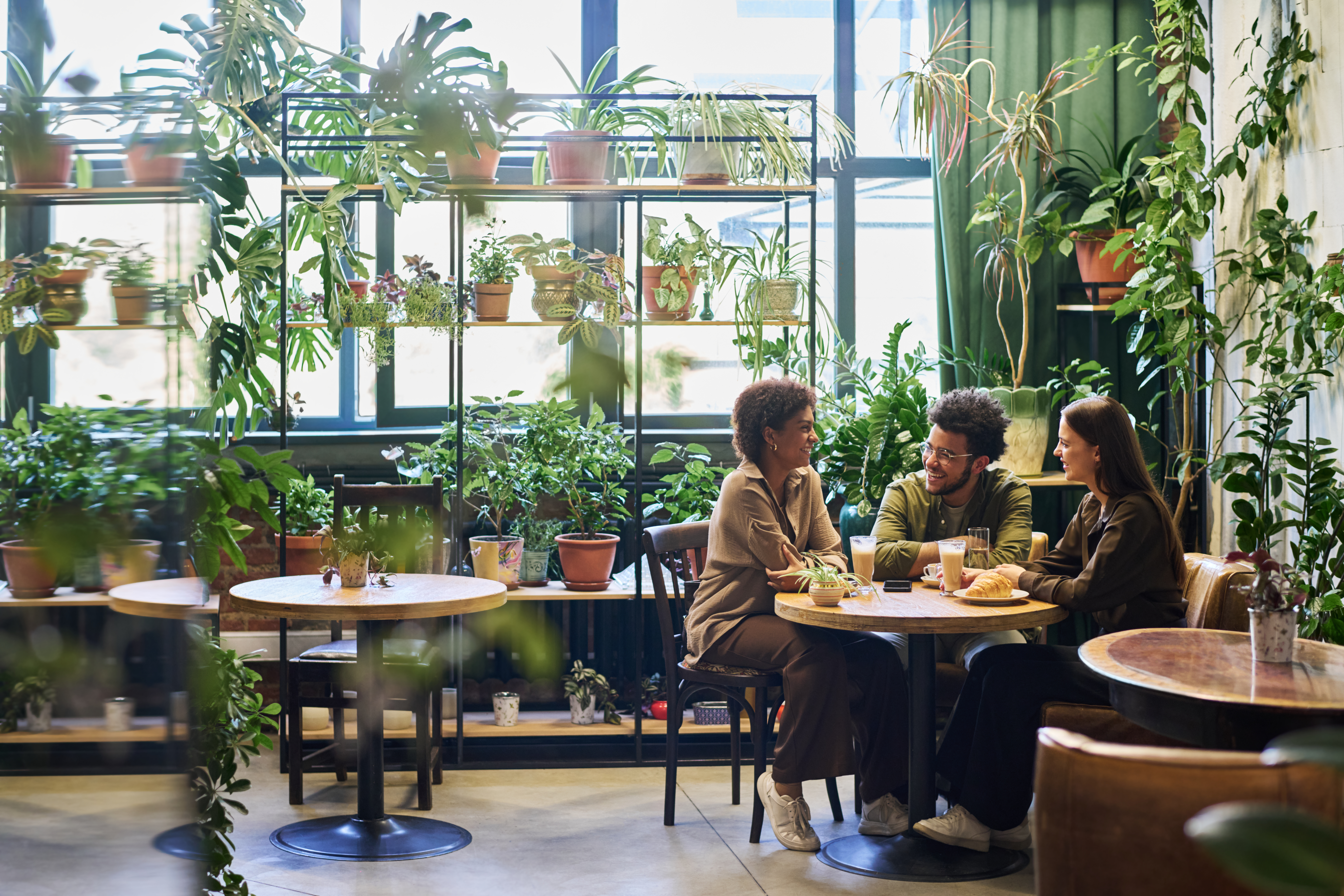 Three friends or colleagues laughing over food and drink in a cafe with many tropical plants